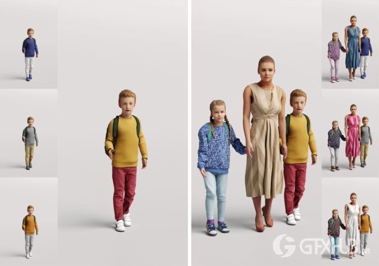 高精度儿童人物3D模型 Humano 3D People Vol. 09 Kids (MAXSKPC4DRHINOOBJFBX)