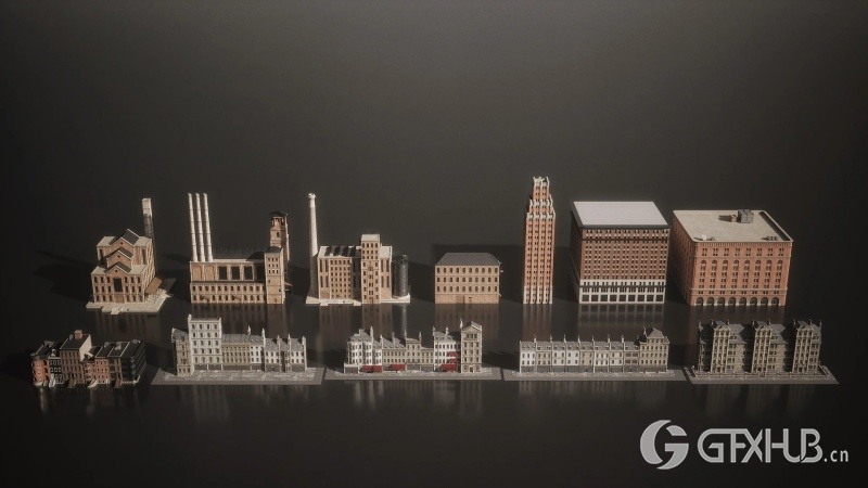 工业时代城镇建筑楼房3D模型 KitBash3D - Mini Kit Boroughs (MAXMTLFBXOBJ)