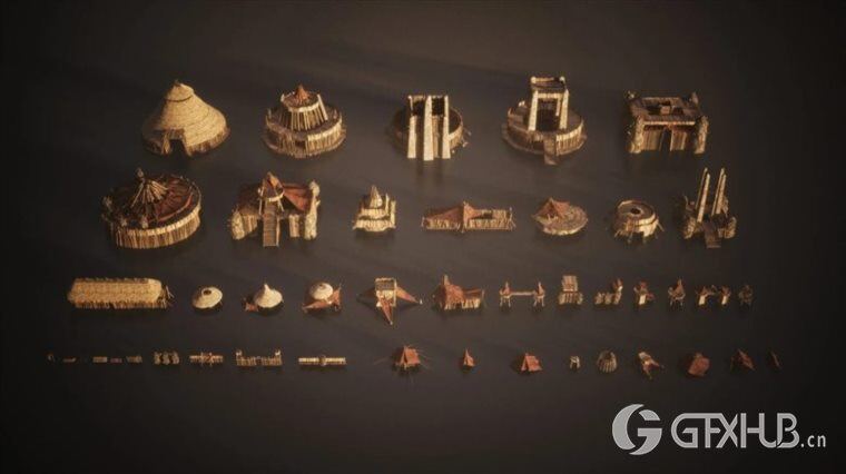 原始营地堡垒茅草屋荒野建筑3D模型 Kitbash3D - Savage (MAXFBXOBJ)