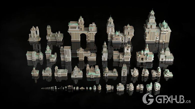 市政广场新古典幻想城市3D模型 Kitbash3D - Colonial (MAMAXC4DBLENDFBXOBJ)