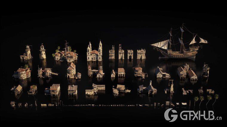 班牙风格庄园码头市场教堂 Kitbash3D – Treasure Island (MAXOBJFBX)