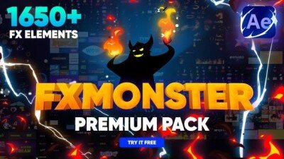 1650种动漫卡通标题转场能量闪电烟雾火焰流体MG特效动画  FX MONSTER – Premium Pack 1650+ 2D FX Elements