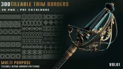 300个Alpha平铺装饰边框图案 ArtStation – 300 tileable trim border patterns vol 01