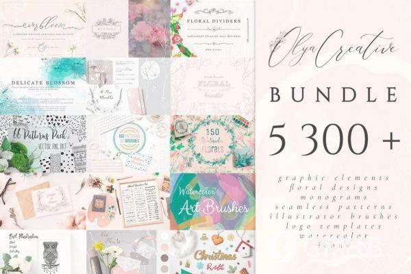 5300多种花卉字母组合图案插画画笔徽标模板图标水彩画等图形元素 5300 in 1 - Graphic Bundle