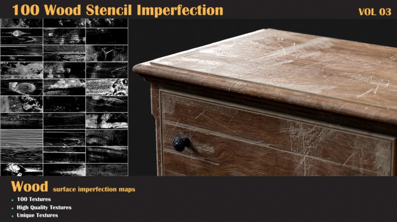 100个木材纹理缺陷高光遮罩贴图 ArtStation – 100 Wood Stencil Imperfection VOL 03