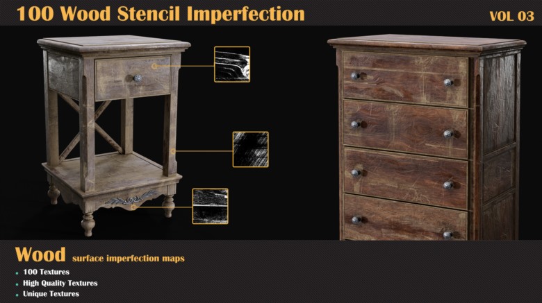 100个木材纹理缺陷高光遮罩贴图 ArtStation – 100 Wood Stencil Imperfection VOL 03