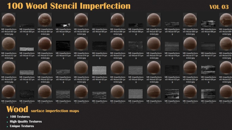 100个木材纹理缺陷高光遮罩贴图 ArtStation – 100 Wood Stencil Imperfection VOL 03