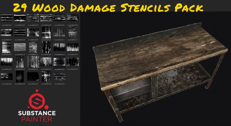 29个边缘磨损、损坏或木纹高光遮罩贴图 ArtStation - 29 Wood Damage Stencils Pack