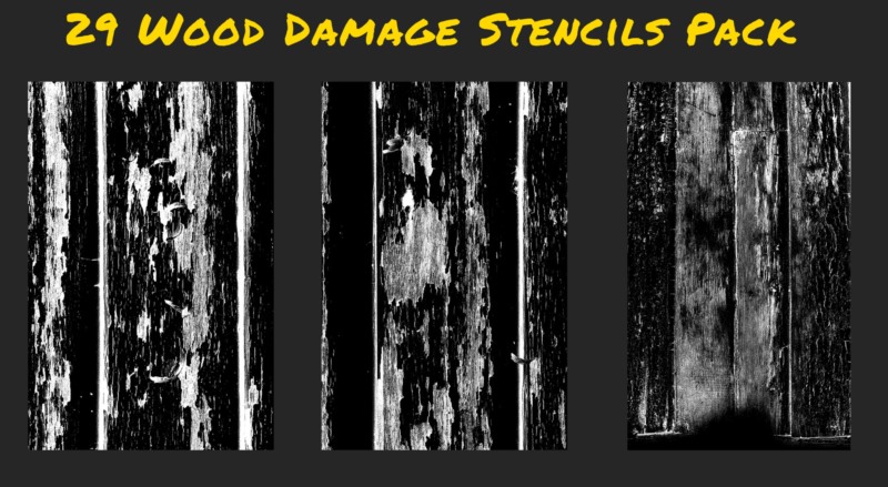 29个边缘磨损、损坏或木纹高光遮罩贴图 ArtStation - 29 Wood Damage Stencils Pack