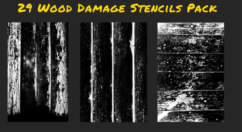 29个边缘磨损、损坏或木纹高光遮罩贴图 ArtStation - 29 Wood Damage Stencils Pack