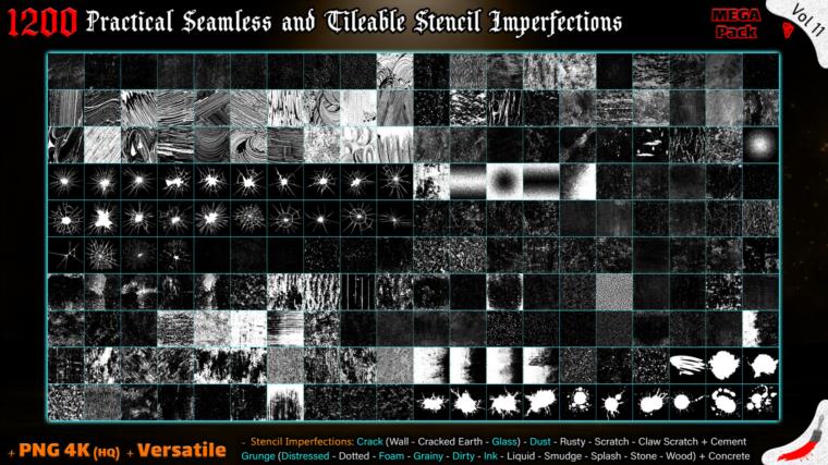 1200 Practical Alpha Seamless and Tileable Stencil Imperfections (MEGA Pack) - Vol 11