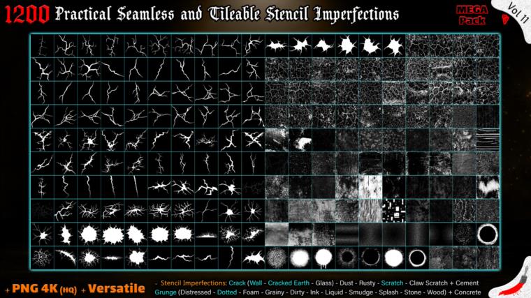 1200 Practical Alpha Seamless and Tileable Stencil Imperfections (MEGA Pack) - Vol 11