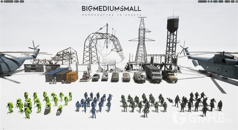 100多件角色、武器、车辆、建筑物、盔甲3D模型 Big Medium Small – Post Apocalypse 3D Collection