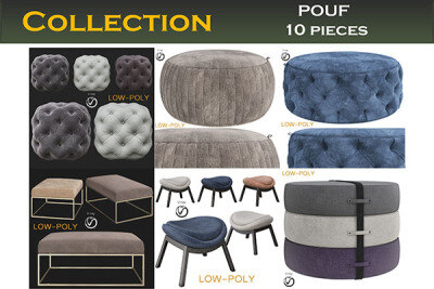 沙发凳10套3Dmax模型合辑 POUF 10 pieces 3d model Low-poly 3D model
