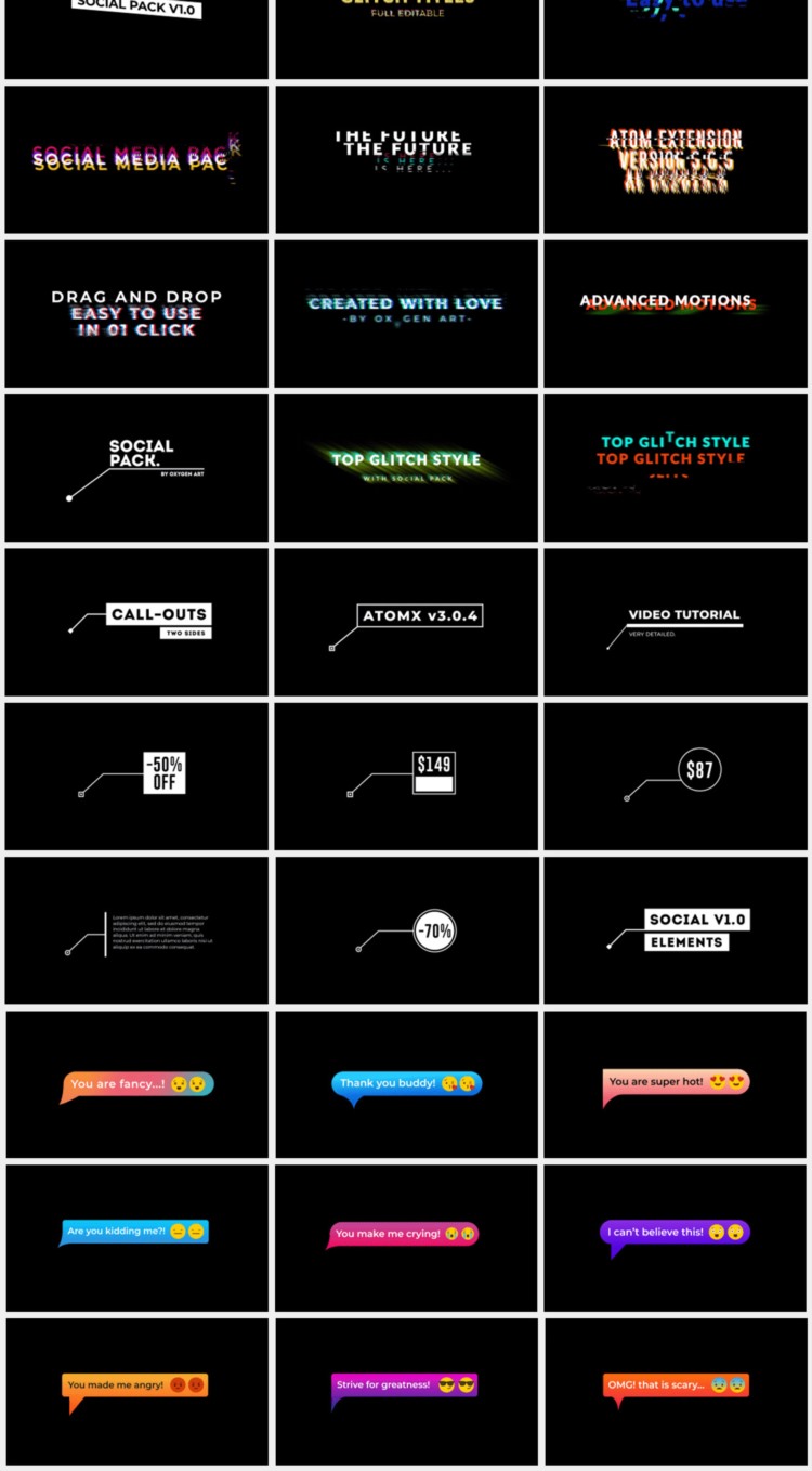 1125个现代时尚文字标题排版调色转场背景动画预设 Social Pack