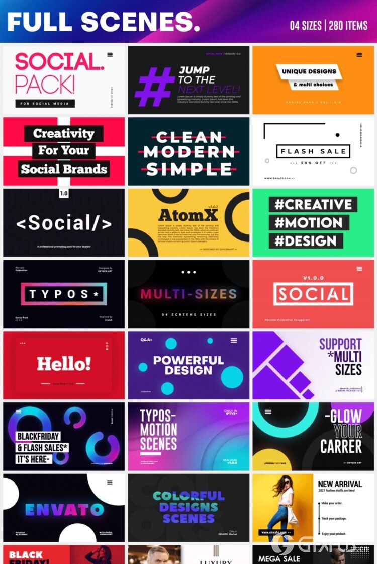 1125个现代时尚文字标题排版调色转场背景动画预设 Social Pack