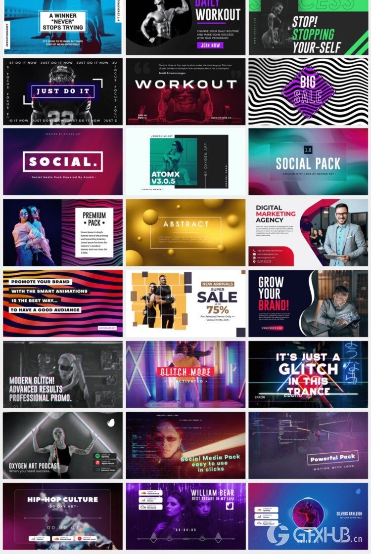 1125个现代时尚文字标题排版调色转场背景动画预设 Social Pack