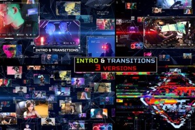 赛博朋克故障干扰风格图片网格汇聚转场片头 Cyber Network Intro and Transitions