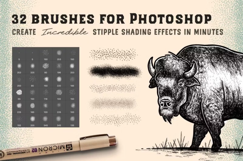 适用于ps和ai 的点画笔刷套装 Stipple Brush Set for Photoshop and Illustrator