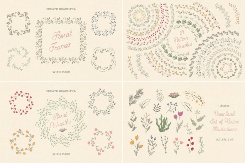 AI花卉图案画笔 Floral Pattern Brushes For Illustrator