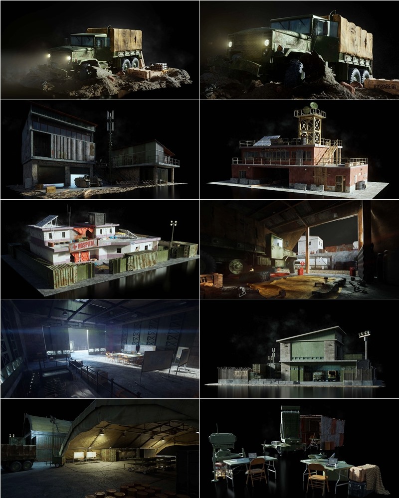 军事战争前线废墟装备基地建筑武器3D模型 KitBash3D – Warfare (格式:C4DBlenderUEFBXOBJ）