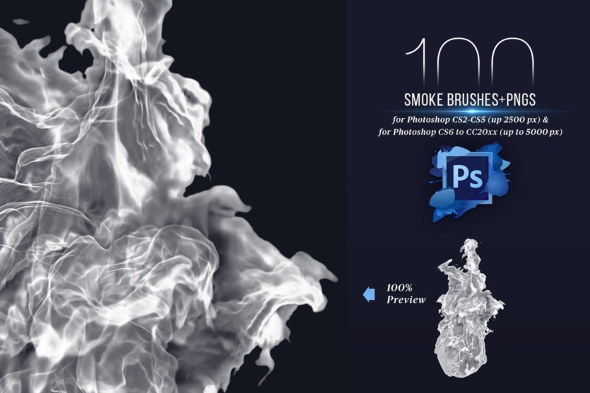 100 个Photoshop烟雾画笔 100 Photoshop Smoke Brushes + PNGs