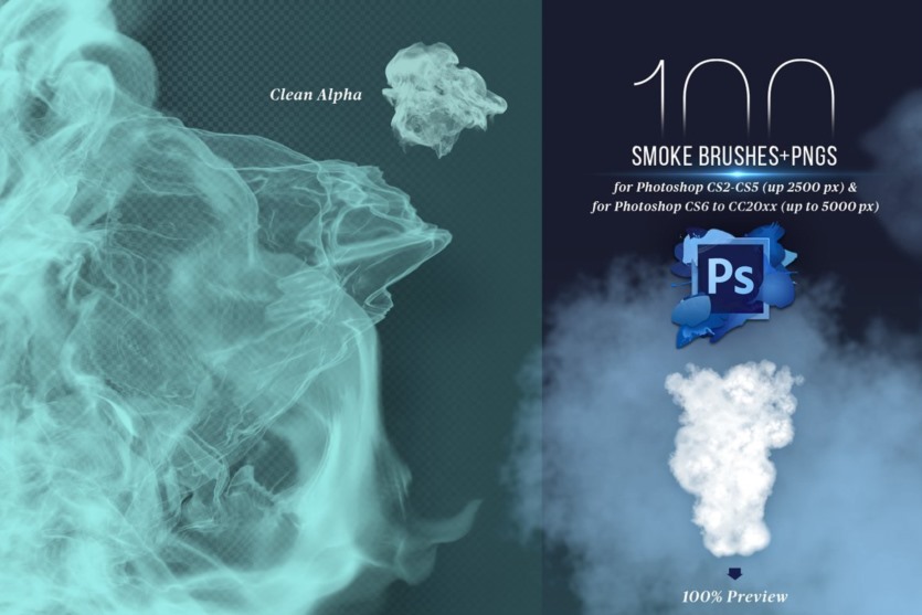 100 个Photoshop烟雾画笔 100 Photoshop Smoke Brushes + PNGs