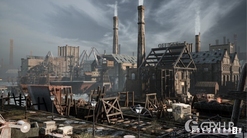 UE虚幻引擎带造船厂的旧工业城镇包含各种高质量资产 Old Industrial City and Shipyard with Factory Interiors
