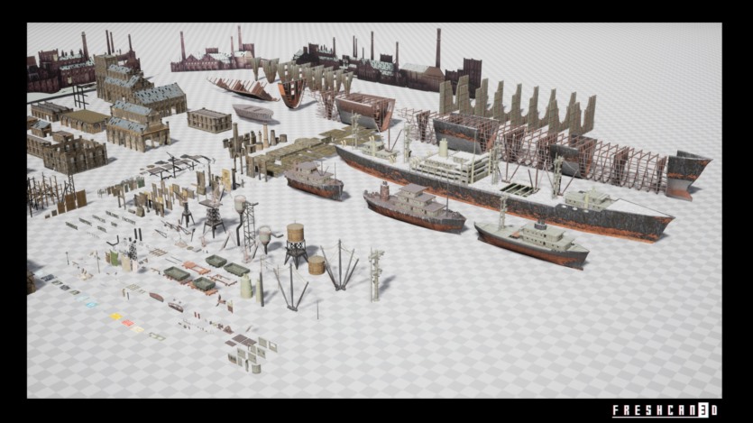 UE虚幻引擎带造船厂的旧工业城镇包含各种高质量资产 Old Industrial City and Shipyard with Factory Interiors