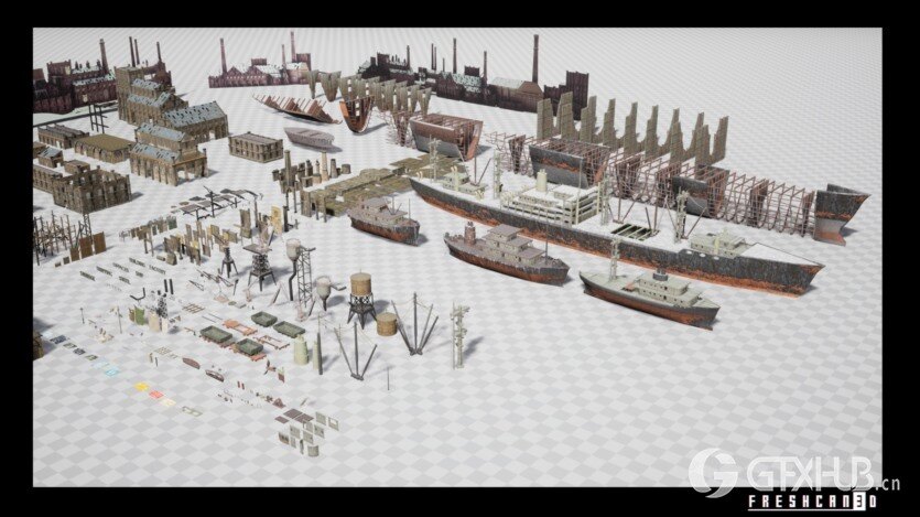 UE虚幻引擎带造船厂的旧工业城镇包含各种高质量资产 Old Industrial City and Shipyard with Factory Interiors
