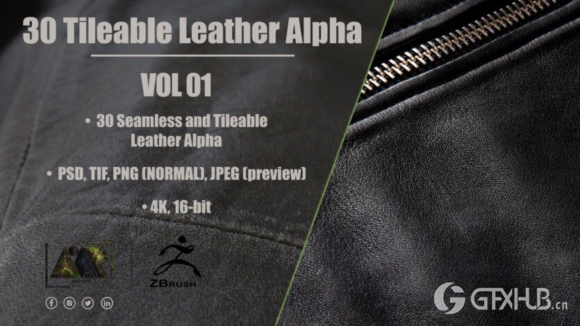 30个皮革Alpha无缝可平铺 30 Leather Alphas (Seamless and Tileable - Vol 01)