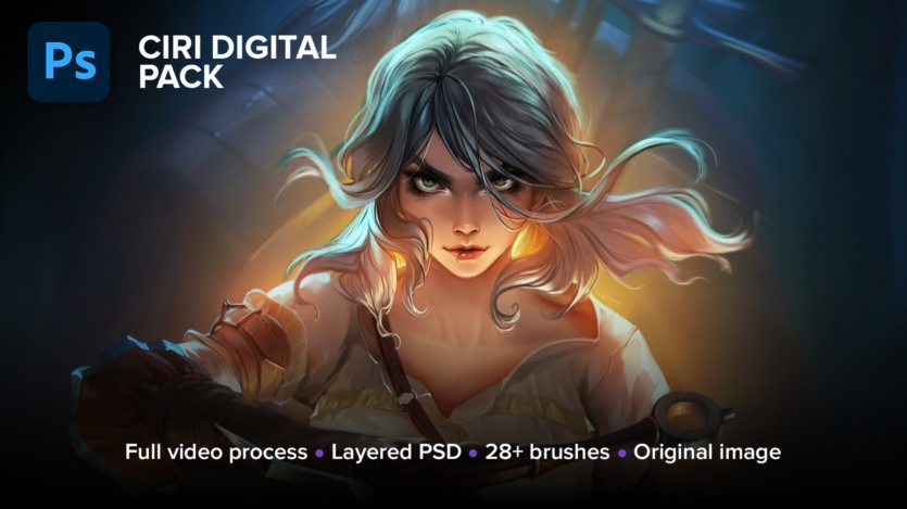 数字角色绘画全流程 Ciri Digital Package. Full process (26h10m), PSD, brushes, 3500x5000 image