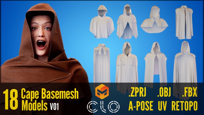 18 个斗篷衣服模型 10 + 8 Capes Basemesh Models + Reference Images for texturing + Bonus + Project Files - Standard License
