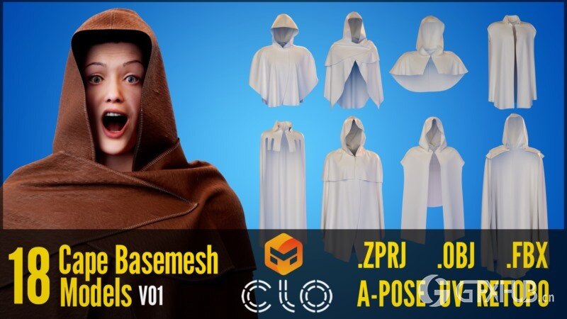 18 个斗篷衣服模型 10 + 8 Capes Basemesh Models + Reference Images for texturing + Bonus + Project Files - Standard License