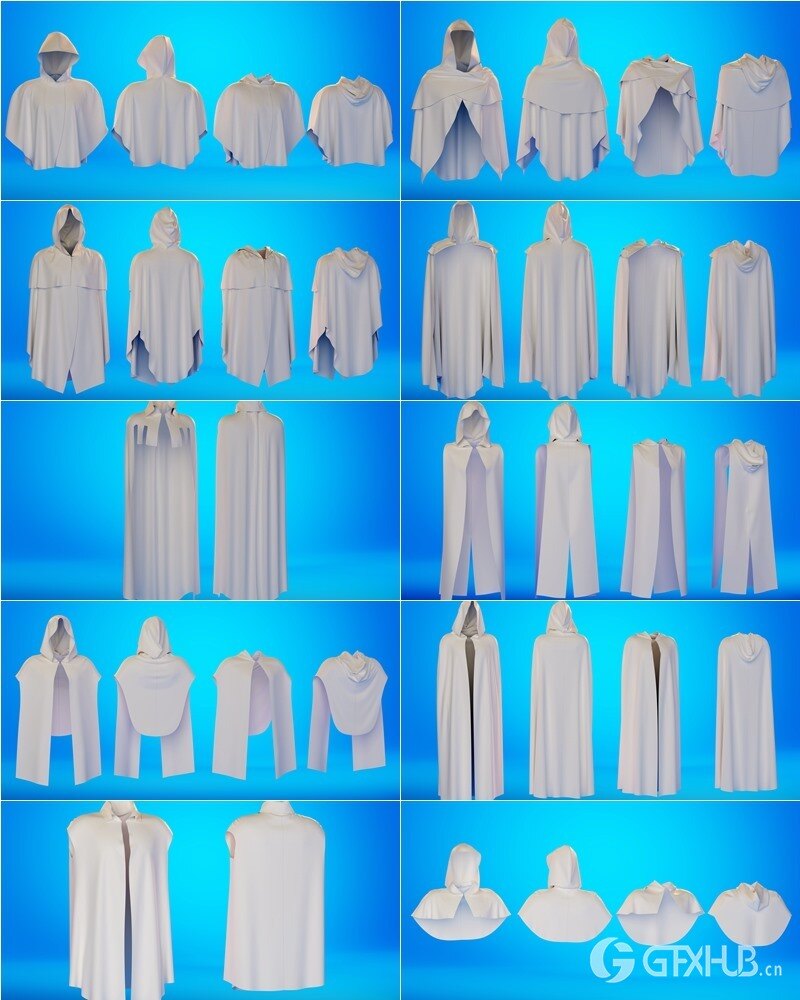 18 个斗篷衣服模型 10 + 8 Capes Basemesh Models + Reference Images for texturing + Bonus + Project Files - Standard License