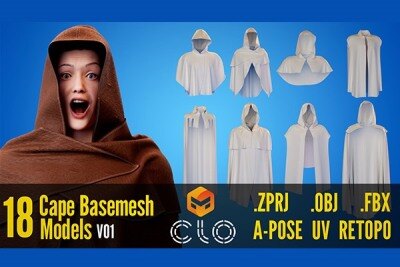 18 个斗篷衣服模型  10 + 8 Capes Basemesh Models + Reference Images for texturing + Bonus + Project Files – Standard License