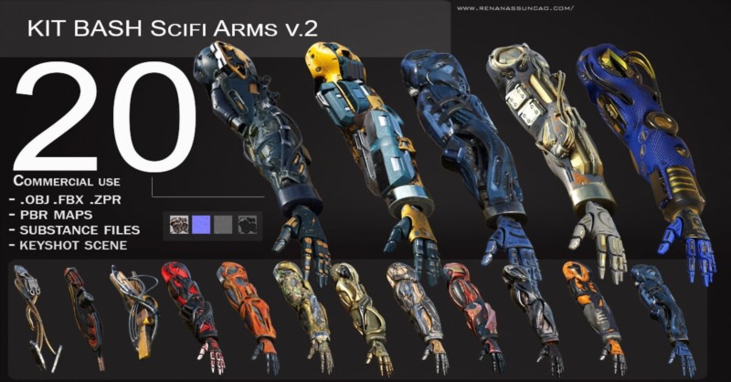 20个机甲手臂3D模型包 20 ARMS | 3D Models Pack with Textures for ALL Softwares + Render Scene PBR .obj .fbx