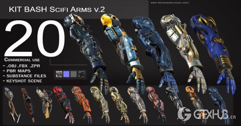 20个机甲手臂3D模型包 20 ARMS | 3D Models Pack with Textures for ALL Softwares + Render Scene PBR .obj .fbx
