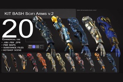 20个机甲手臂3D模型包 20 ARMS | 3D Models Pack with Textures for ALL Softwares + Render Scene PBR .obj .fbx