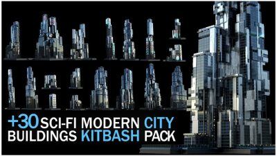 30+独特的科幻现代未来城市建筑 +30 Sci-Fi Modern City Buildings Kitbash Pack