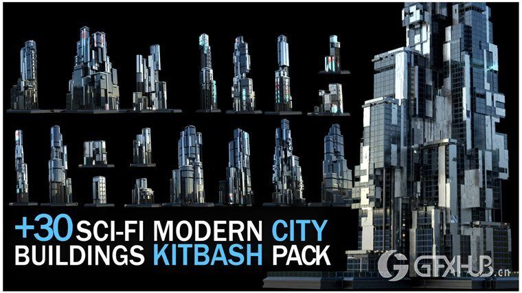 30+独特的科幻现代未来城市建筑 +30 Sci-Fi Modern City Buildings Kitbash Pack