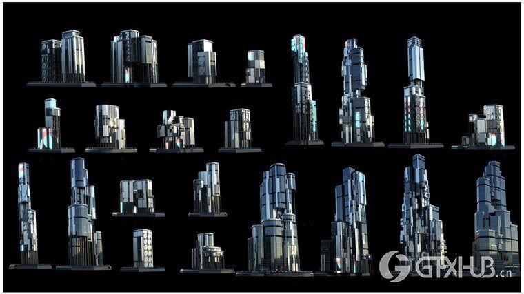 30+独特的科幻现代未来城市建筑 +30 Sci-Fi Modern City Buildings Kitbash Pack