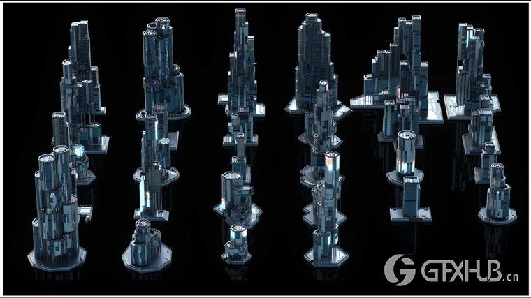 30+独特的科幻现代未来城市建筑 +30 Sci-Fi Modern City Buildings Kitbash Pack