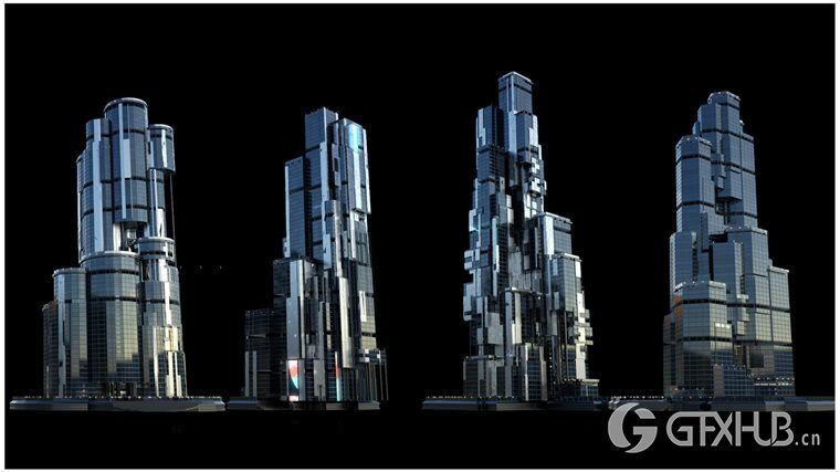 30+独特的科幻现代未来城市建筑 +30 Sci-Fi Modern City Buildings Kitbash Pack