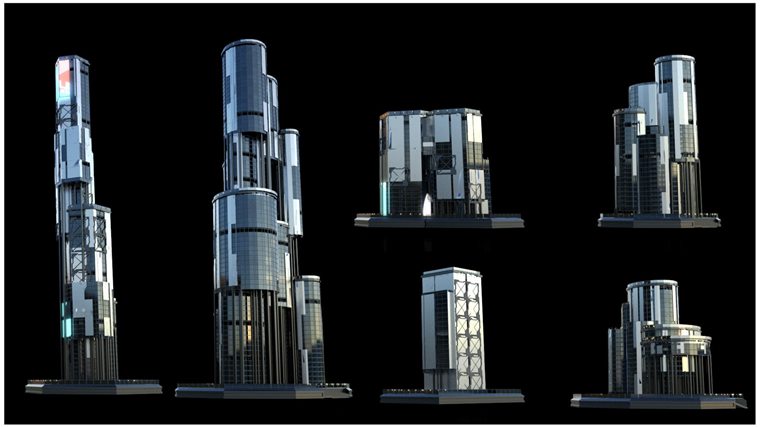 30+独特的科幻现代未来城市建筑 +30 Sci-Fi Modern City Buildings Kitbash Pack