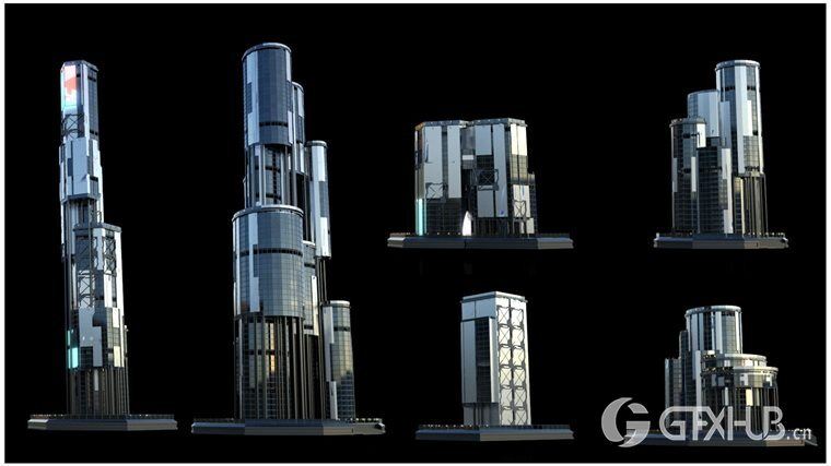 30+独特的科幻现代未来城市建筑 +30 Sci-Fi Modern City Buildings Kitbash Pack