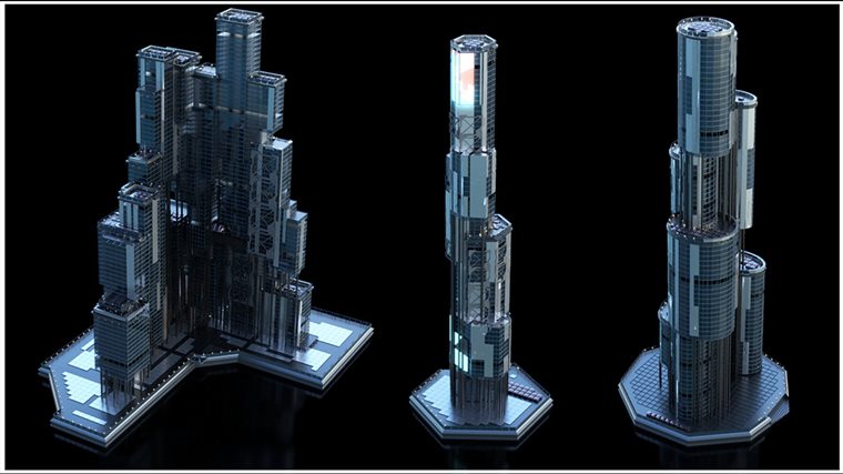 30+独特的科幻现代未来城市建筑 +30 Sci-Fi Modern City Buildings Kitbash Pack