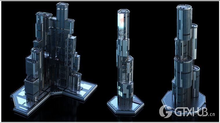 30+独特的科幻现代未来城市建筑 +30 Sci-Fi Modern City Buildings Kitbash Pack