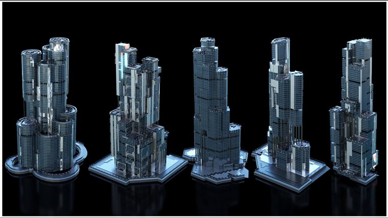 30+独特的科幻现代未来城市建筑 +30 Sci-Fi Modern City Buildings Kitbash Pack