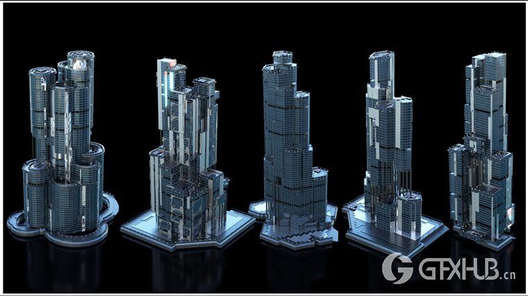 30+独特的科幻现代未来城市建筑 +30 Sci-Fi Modern City Buildings Kitbash Pack